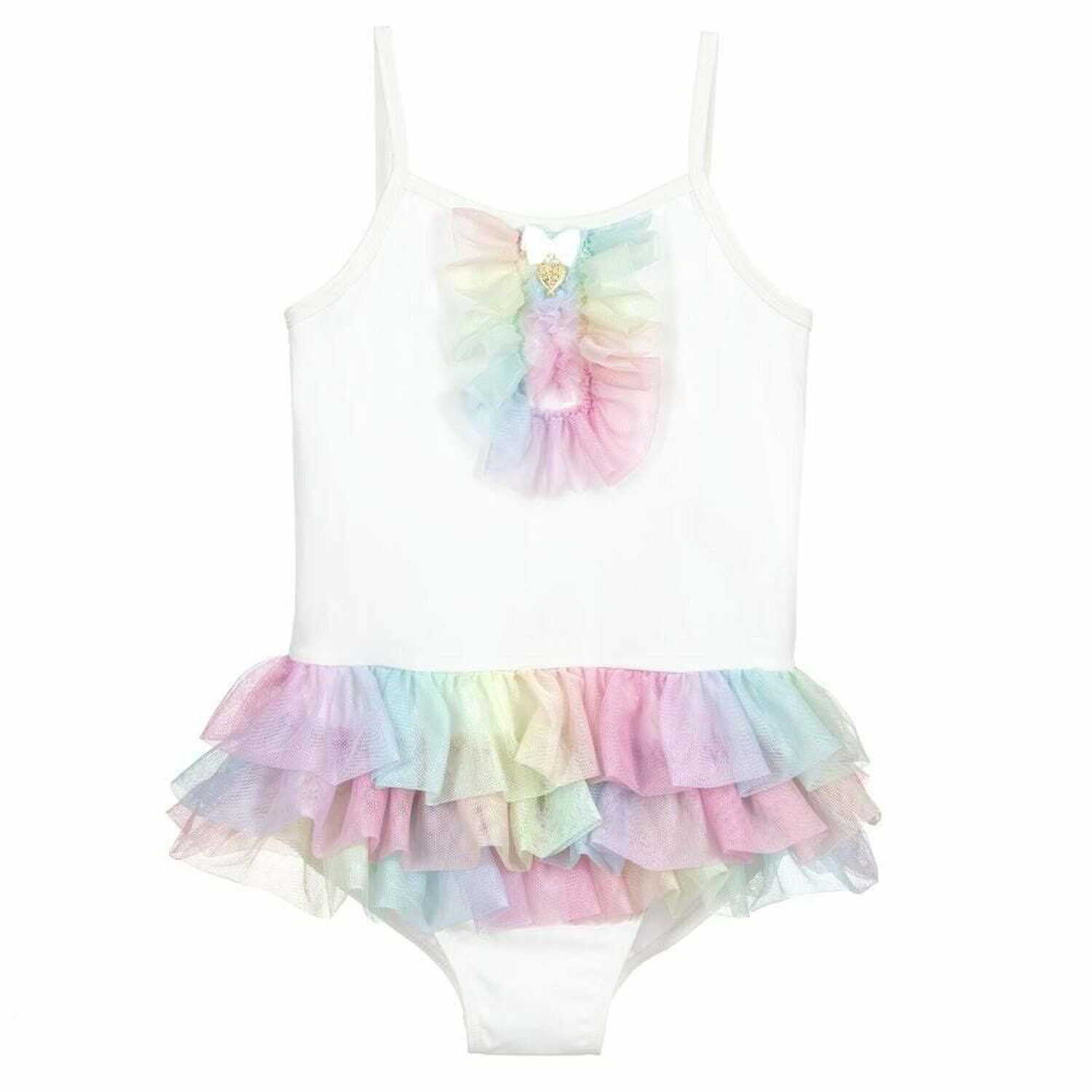 Girls White & Rainbow Tulle Swimsuit, 1, hi-res