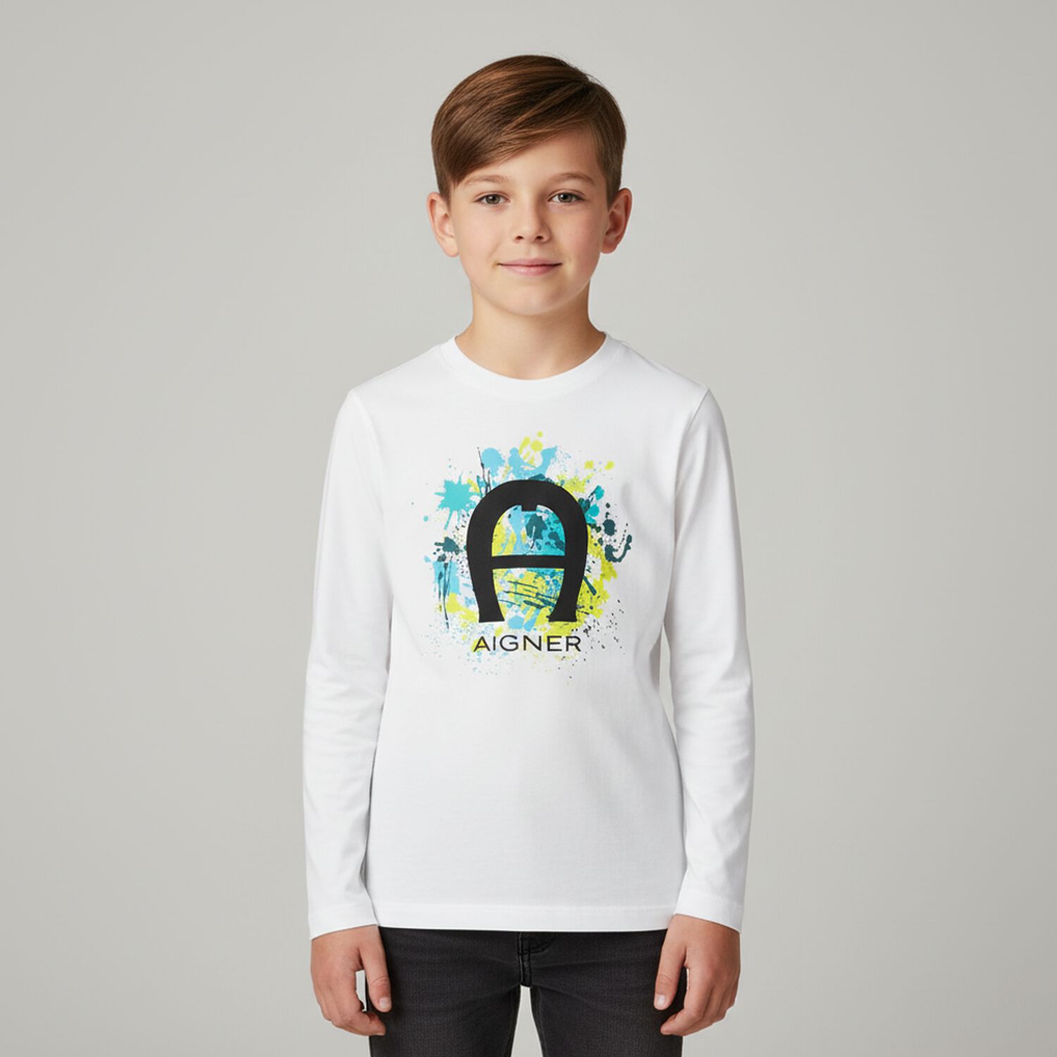 Boys White Logo Long Sleeve Top, 1, hi-res