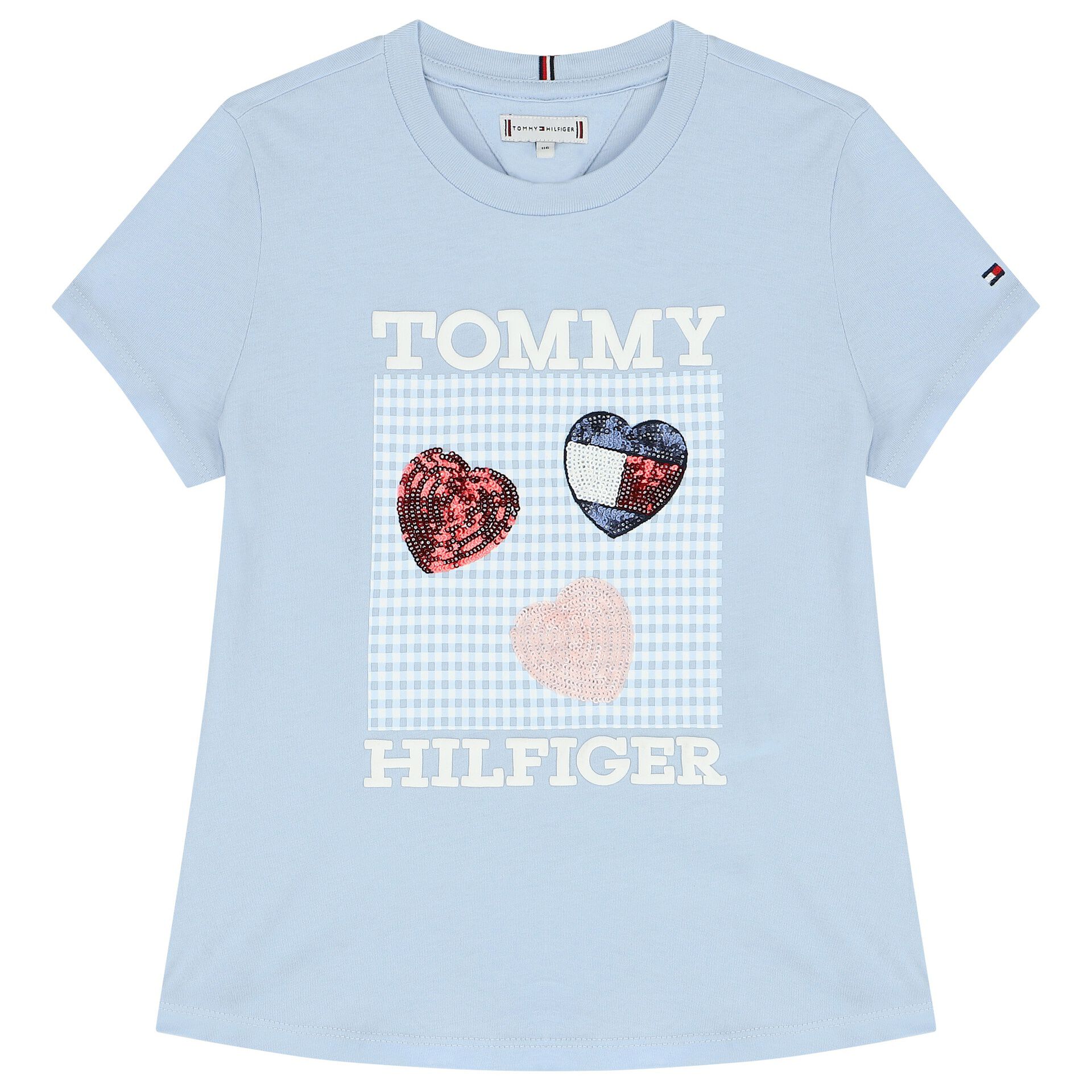 Tommy Hilfiger Girls Blue Logo Hearts T Shirt Junior Couture UK