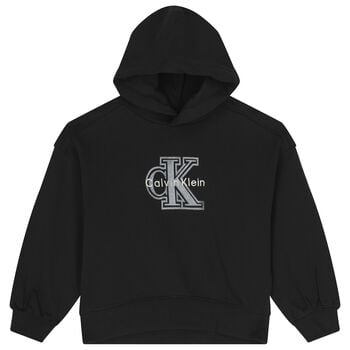 Girls Black Logo Hooded Top