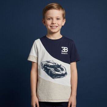 Boys Navy Blue, White & Beige Logo T-Shirt