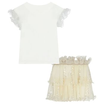 Girls White & Ivory Embellished Sequin Skirt Set