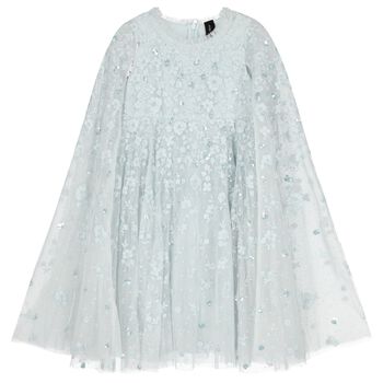 Girls Blue Sequin & Flower Tulle Cape Dress