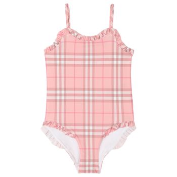 Girls Pink Check Ruffled Swimsuit