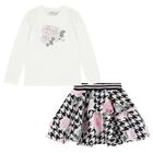 Girls Ivory & Black Embellished Houndstooth Skirt Set, 1, hi-res