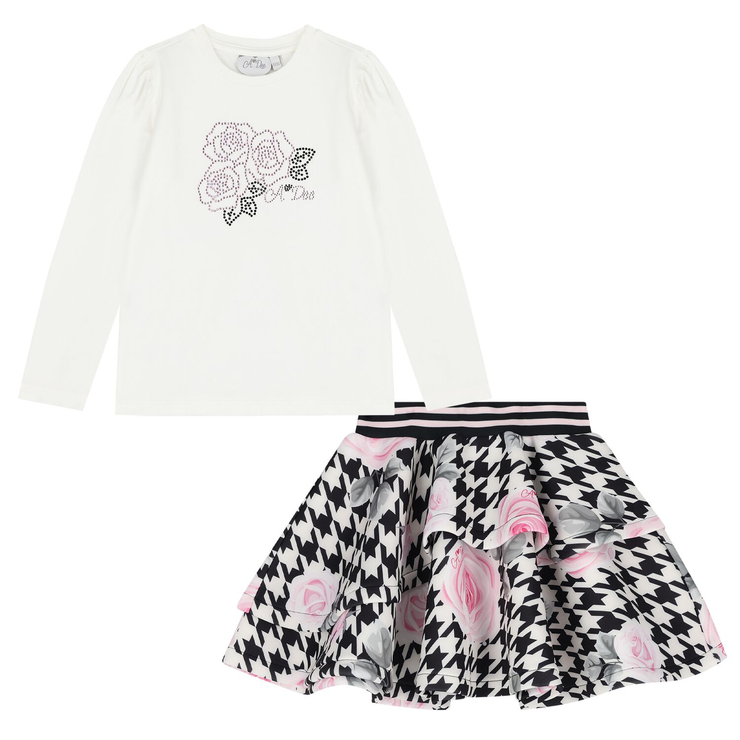 Girls Ivory & Black Embellished Houndstooth Skirt Set, 1, hi-res