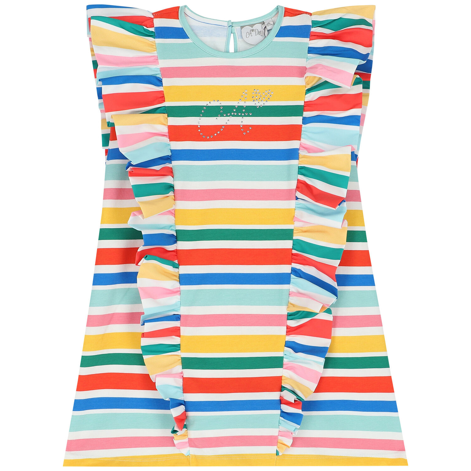Girls Rainbow Stripe Ruffle Dress, 1, hi-res