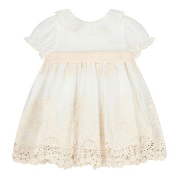 Baby Girls White & Pink Floral Embroidered Dress