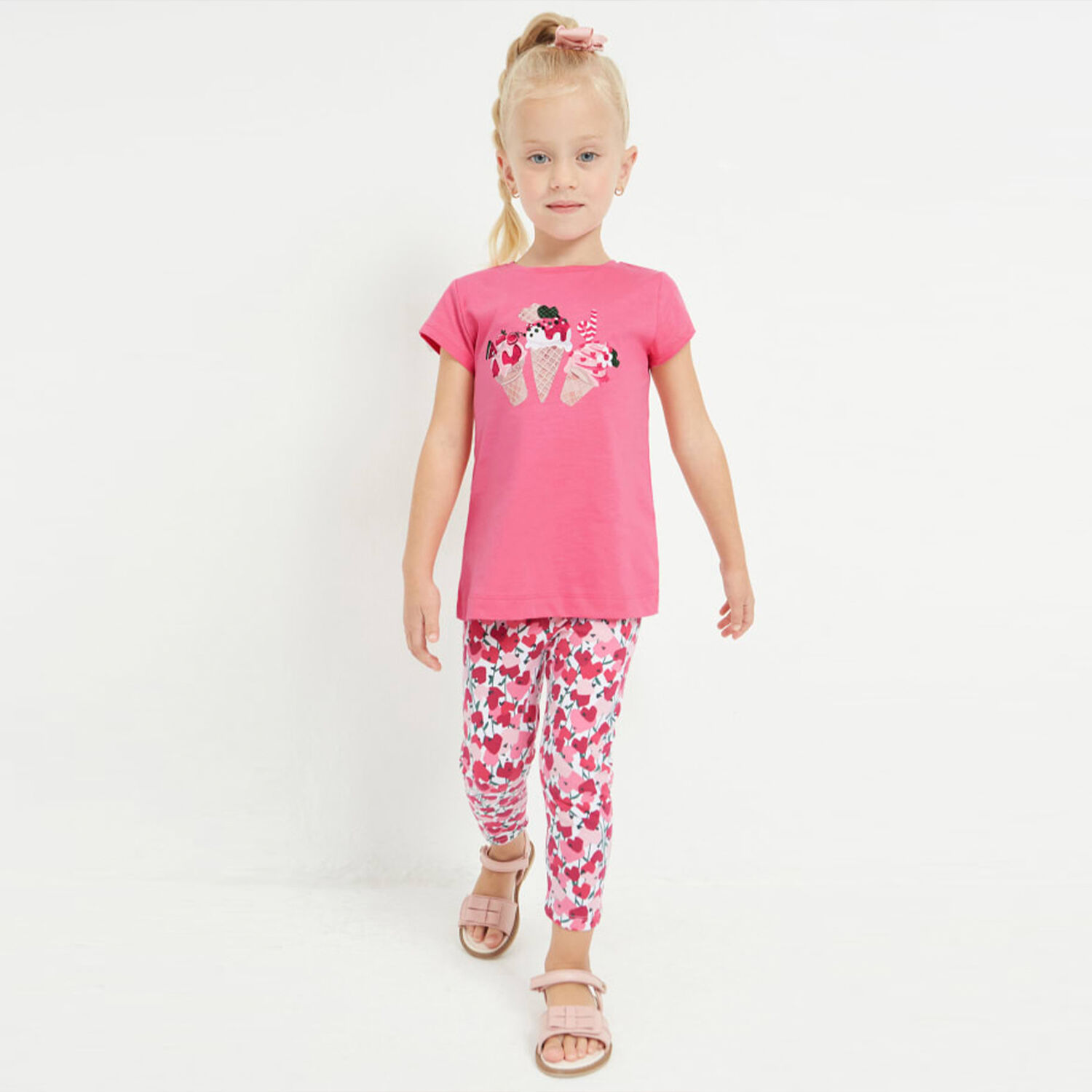Girls Ivory & Pink Hearts Leggings, 1, hi-res