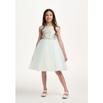 Girls Green Floral Jacquard Dress
