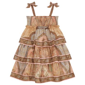 Girls Beige Paisley Tiered Ruffle Dress