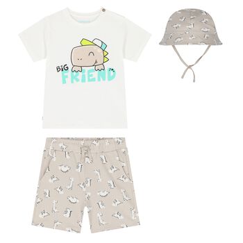 Younger Boys Beige & White Dinosaur Shorts Set
