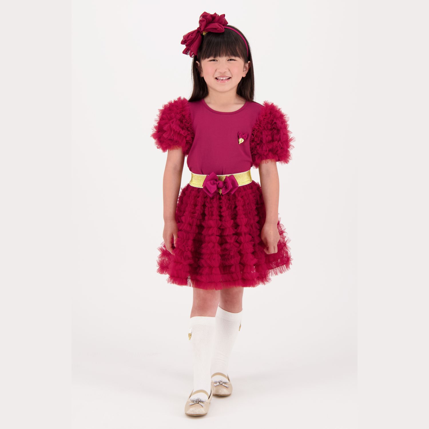 Girls Burgundy Tulle Sleeve T-Shirt, 3, hi-res