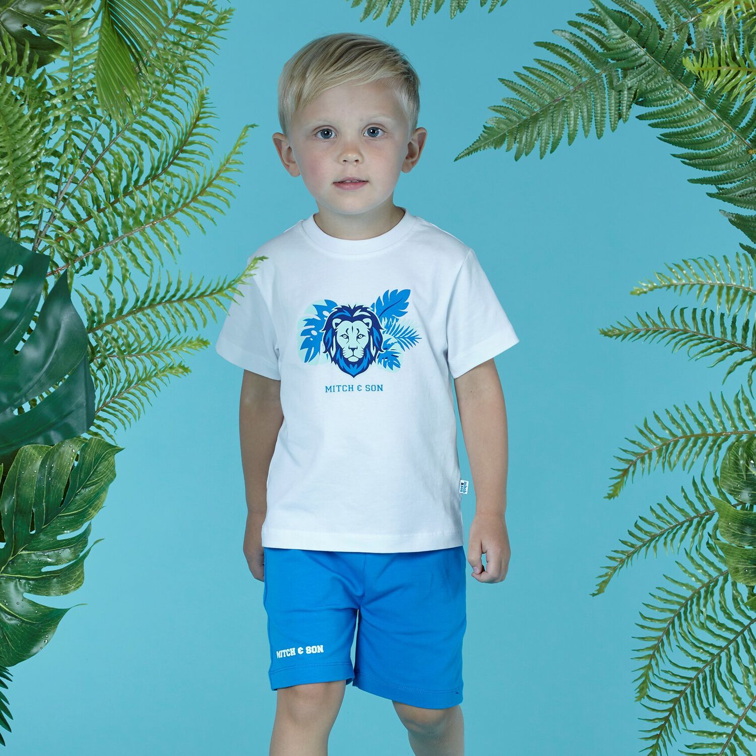 Boys Blue & White Logo Short Set, 1, hi-res