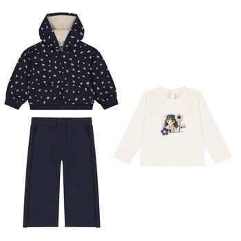 Younger Girls Ivory & Navy Blue Floral Tracksuit Set
