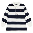 Boys White & Navy Blue Striped Polo Shirt, 1, hi-res