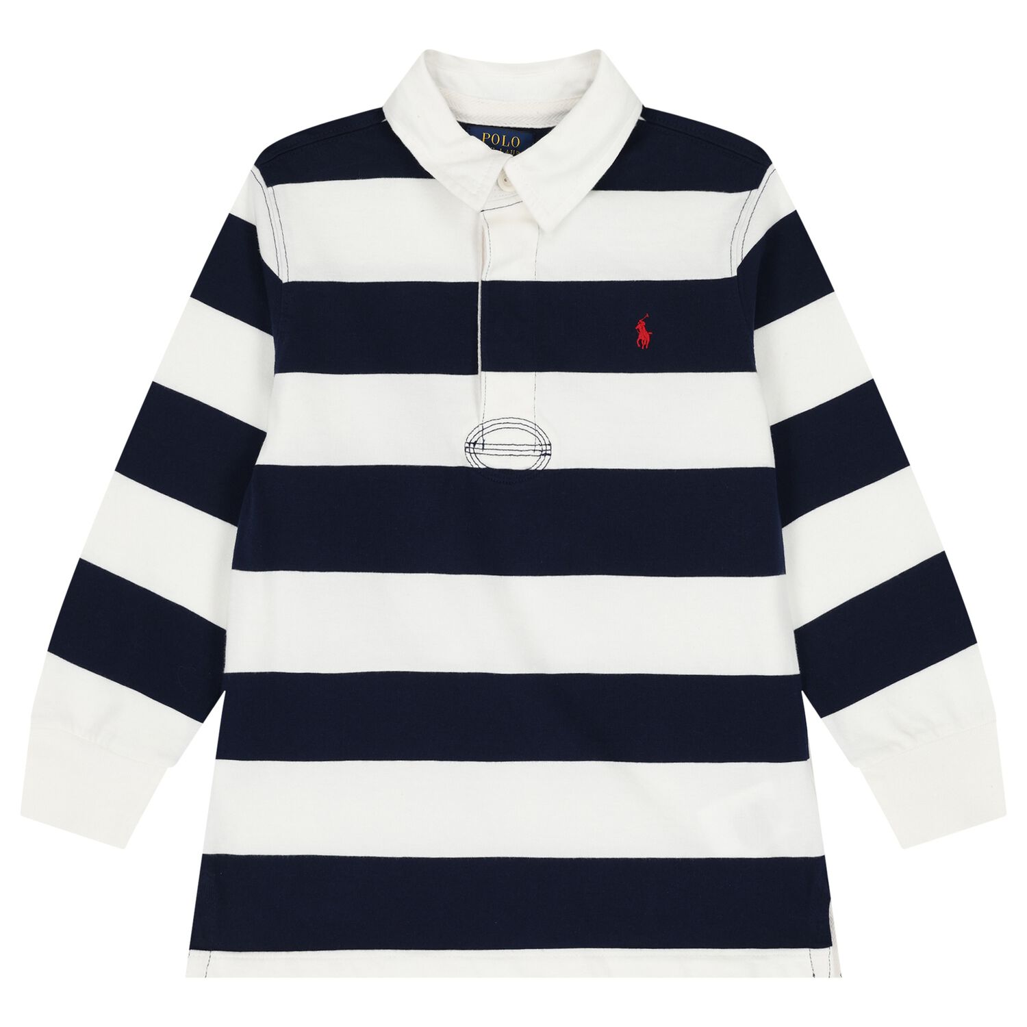 Boys White & Navy Blue Striped Polo Shirt, 1, hi-res