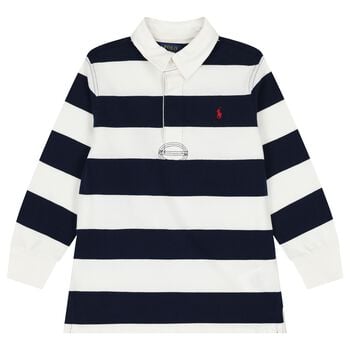 Boys White & Navy Blue Striped Polo Shirt
