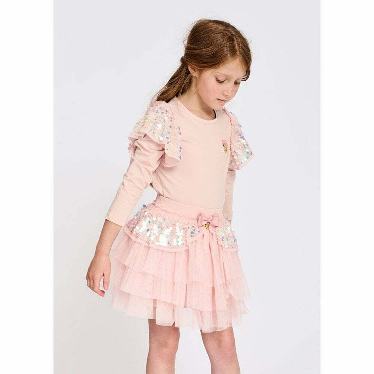 Girls Blush Pink Sequin Tulle Skirt, 1, hi-res