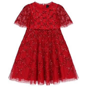 Girls Red Bow Lattice Sequin Tulle Dress