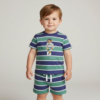 Baby Boys Blue & Green Polo Bear Shorts Set