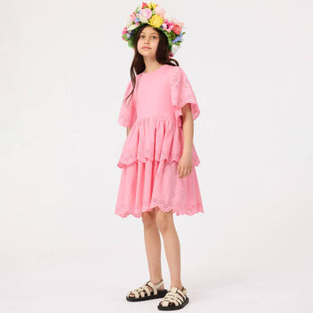 Girls Pink Broderie Anglaise Dress
