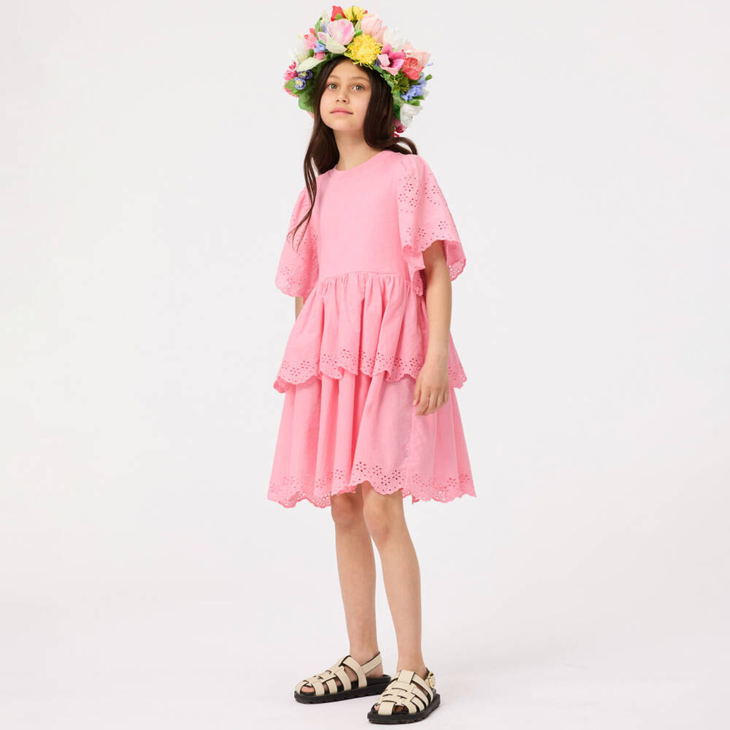 Girls Pink Broderie Anglaise Dress, 1, hi-res image number null