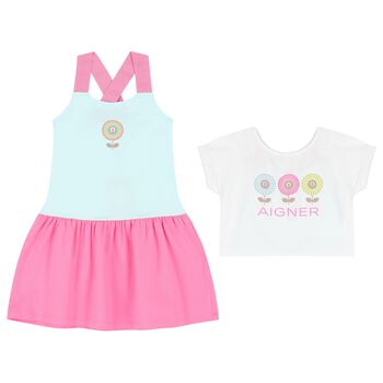 Girls White & Pink Logo Dress
