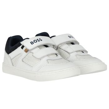 Boys White & Navy Blue Logo Trainers