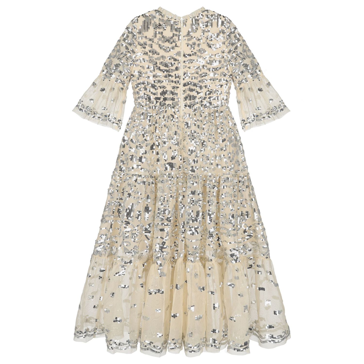 Girls Beige & Silver Sequin Maxi Dress, 1, hi-res