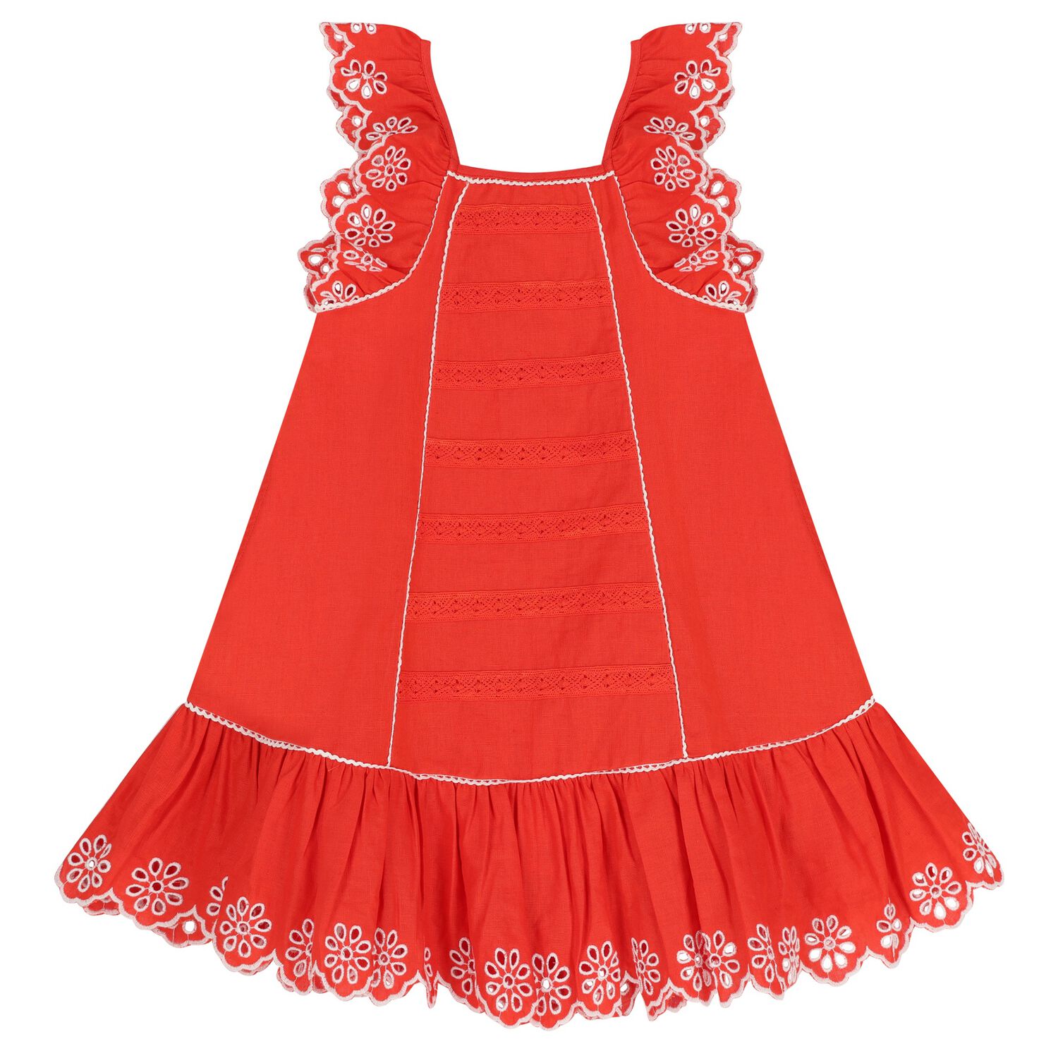 Girls Red Embroidered Dress, 1, hi-res