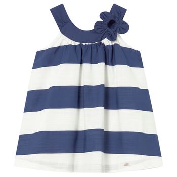 Younger Girls Ivory & Navy Blue Striped Dress