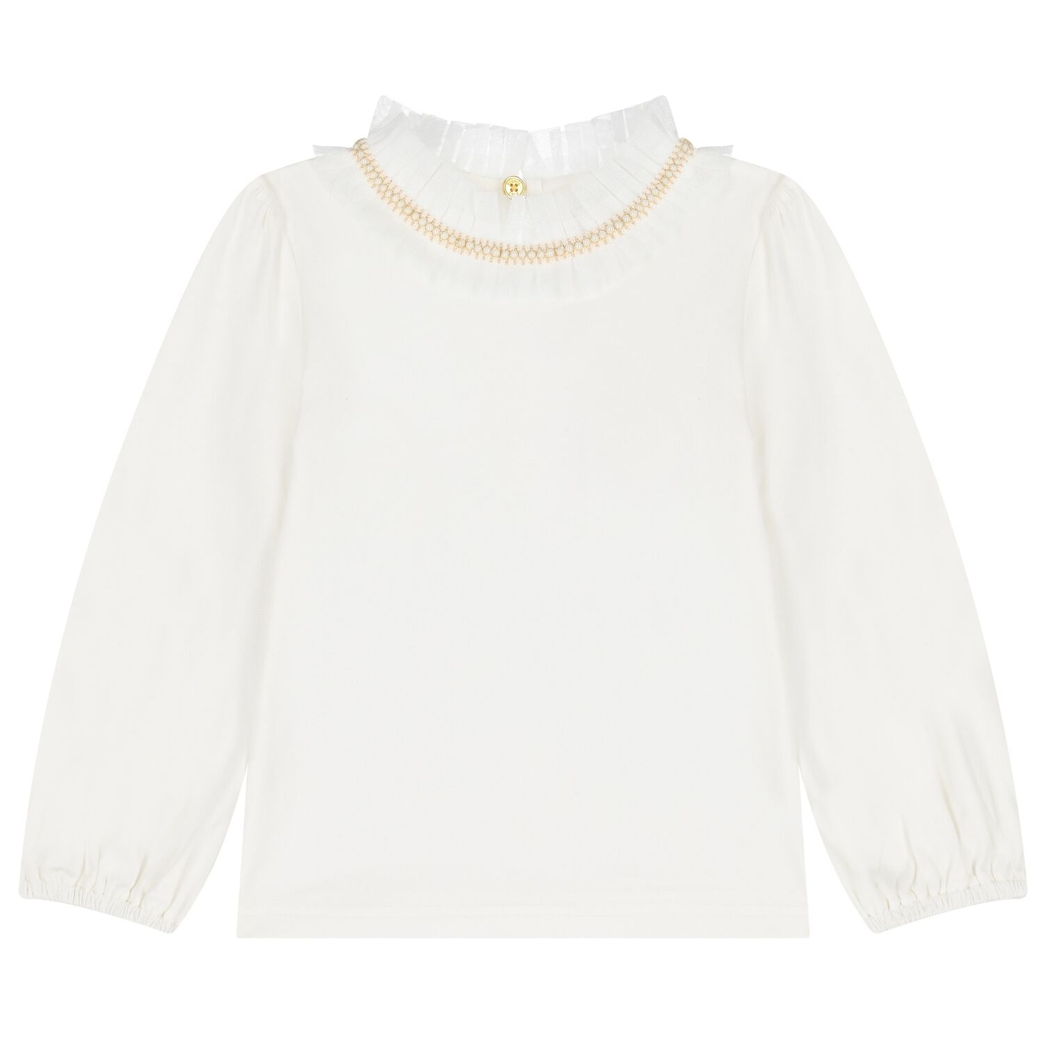 Girls White Pearl & Tulle Collar Top, 1, hi-res
