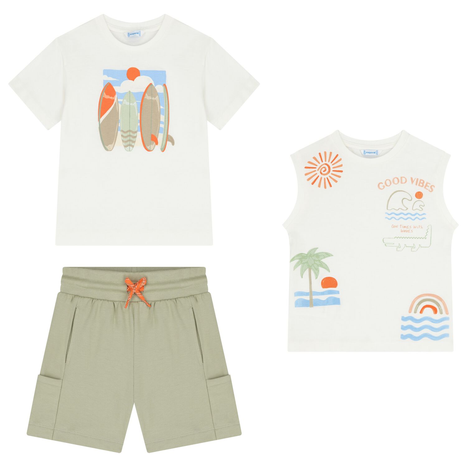 Boys White & Green Surfboard Shorts Set, 1, hi-res