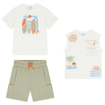 Boys White & Green Surfboard Shorts Set