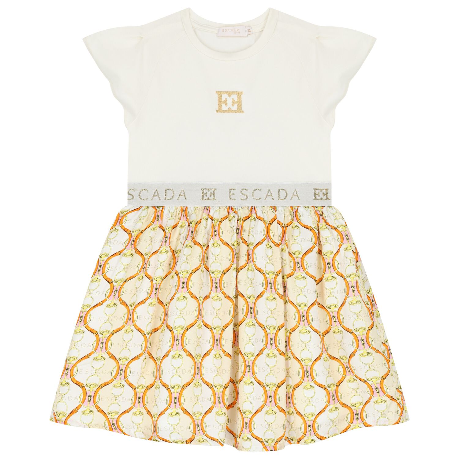 Girls Ivory & Beige Logo Dress, 1, hi-res