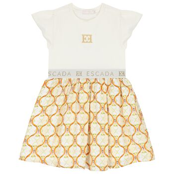 Girls Ivory & Beige Logo Dress