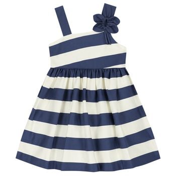 Girls Ivory & Navy Blue Striped Flower Dress