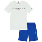 Boys White & Blue Logo Shorts Set, 4, hi-res