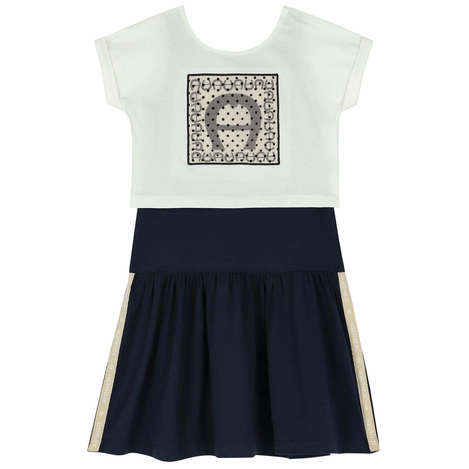Girls Navy Blue & Ivory Logo Dress Set, 1, hi-res image number null