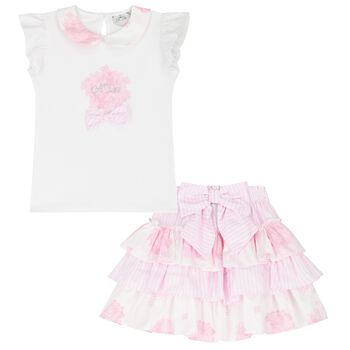 Girls White & Pink Cotton Skirt Set