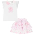 Girls White & Pink Cotton Skirt Set, 1, hi-res