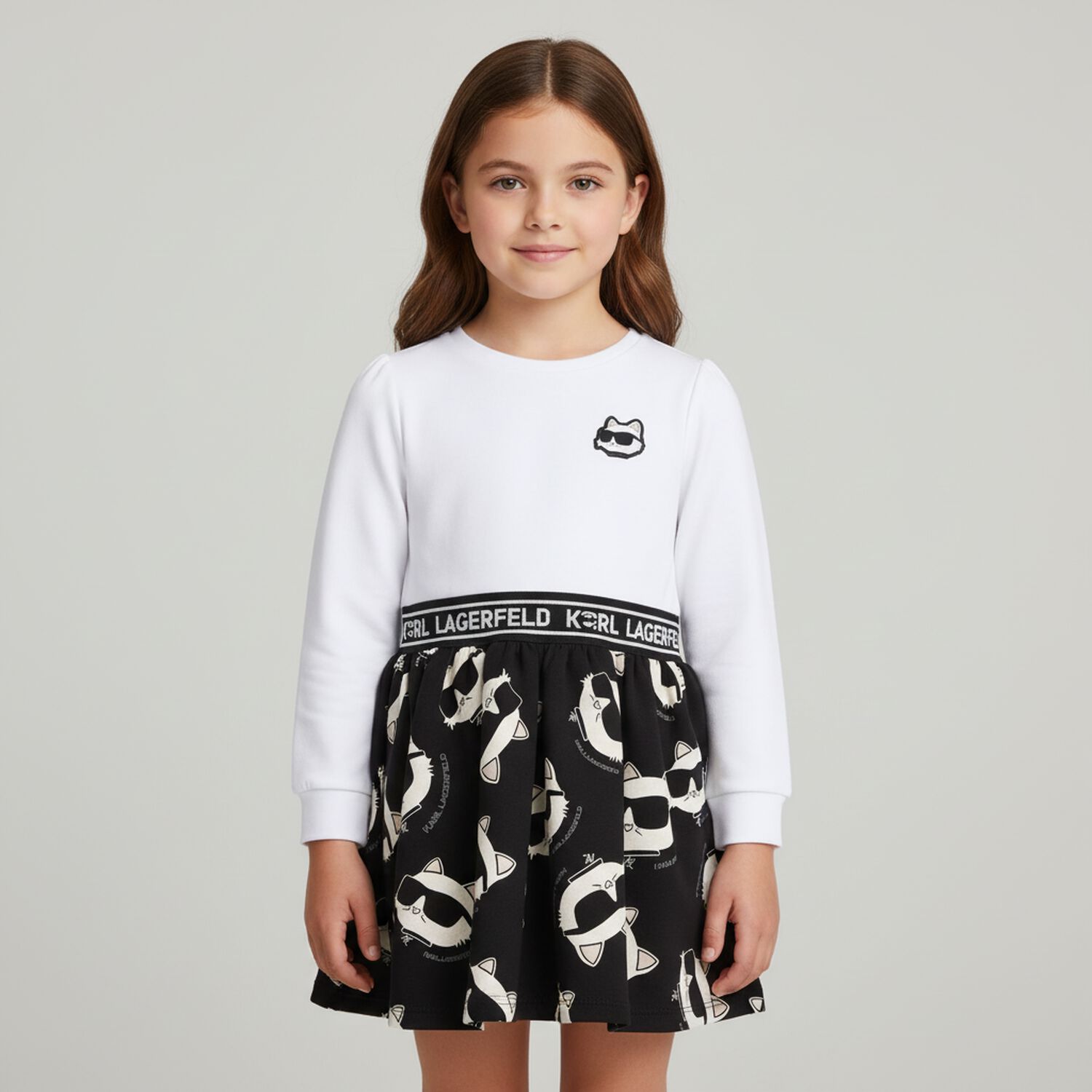 Younger Girls White & Black Choupette Dress , 1, hi-res