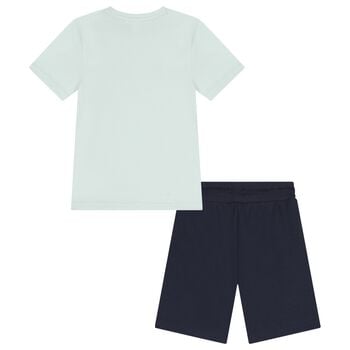 Boys Mini Me White & Navy Blue Logo Shorts Set
