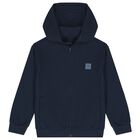 Boys Navy Blue Hooded Zip Up Top, 1, hi-res