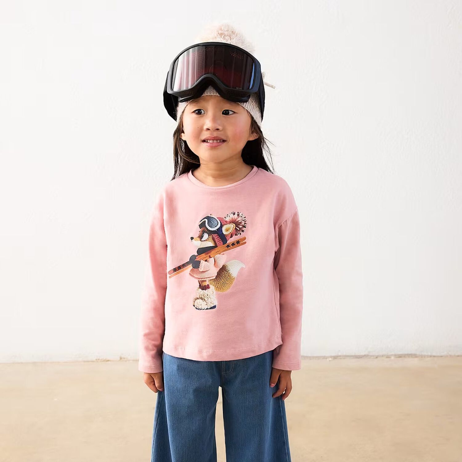 Girls Pink Fox Long Sleeve Top, 1, hi-res