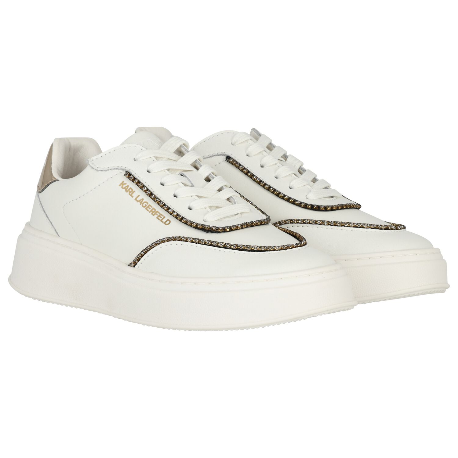 Girls White & Gold Logo Trainers, 1, hi-res