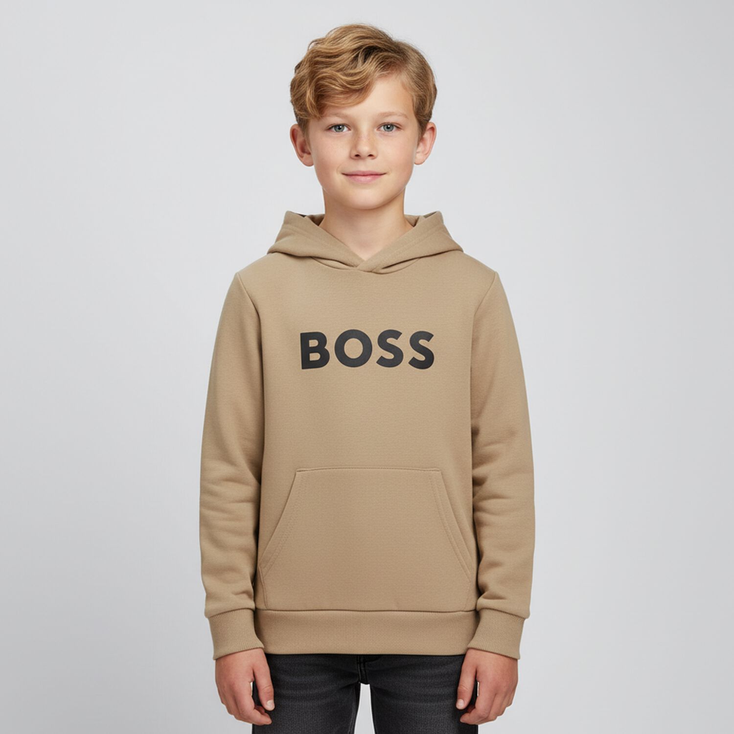 Boys Beige Logo Hooded Top, 2, hi-res