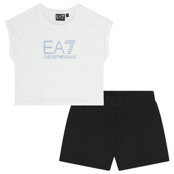 Girls White & Black Logo Shorts Set