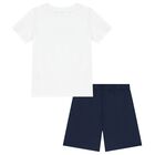 Boys White & Navy Blue Logo Shorts Set, 1, hi-res